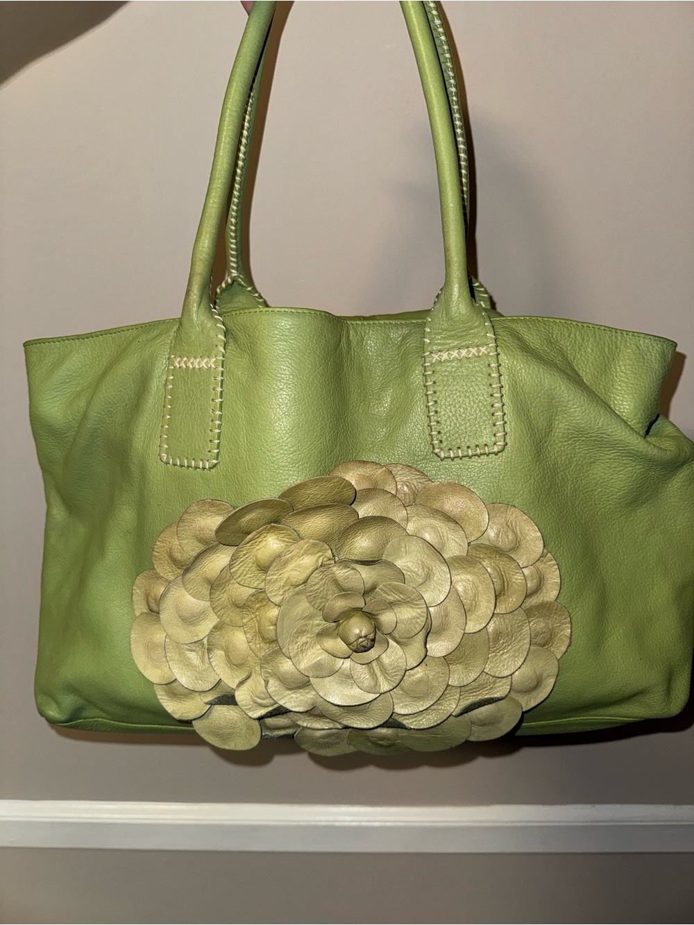 Donna Dixon Y2K Green Leather Tote with Decorative Floral Applique - Women Bags